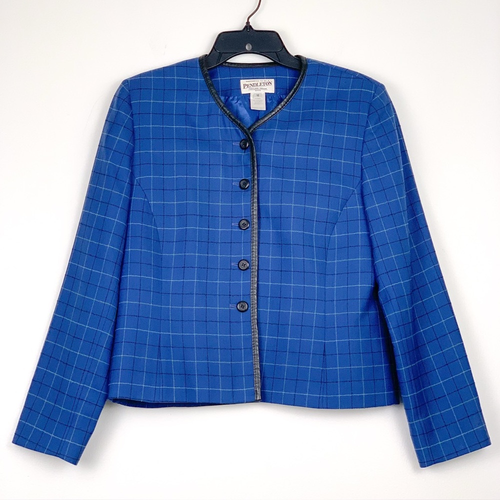 Vintage Pendleton plaid blazer blue windowpane plaid black leather trim size 10P